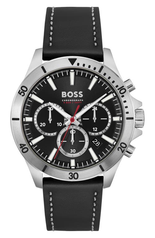 Hugo Boss Men's Chronograph Troper Black Leather Strap Watch 45mm In Black