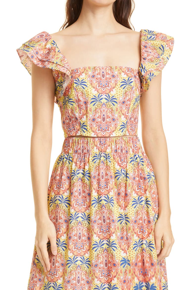 Darby Flutter Sleeve Cotton Crop Top, Main, color, PALM MEDALLION YELLOW
