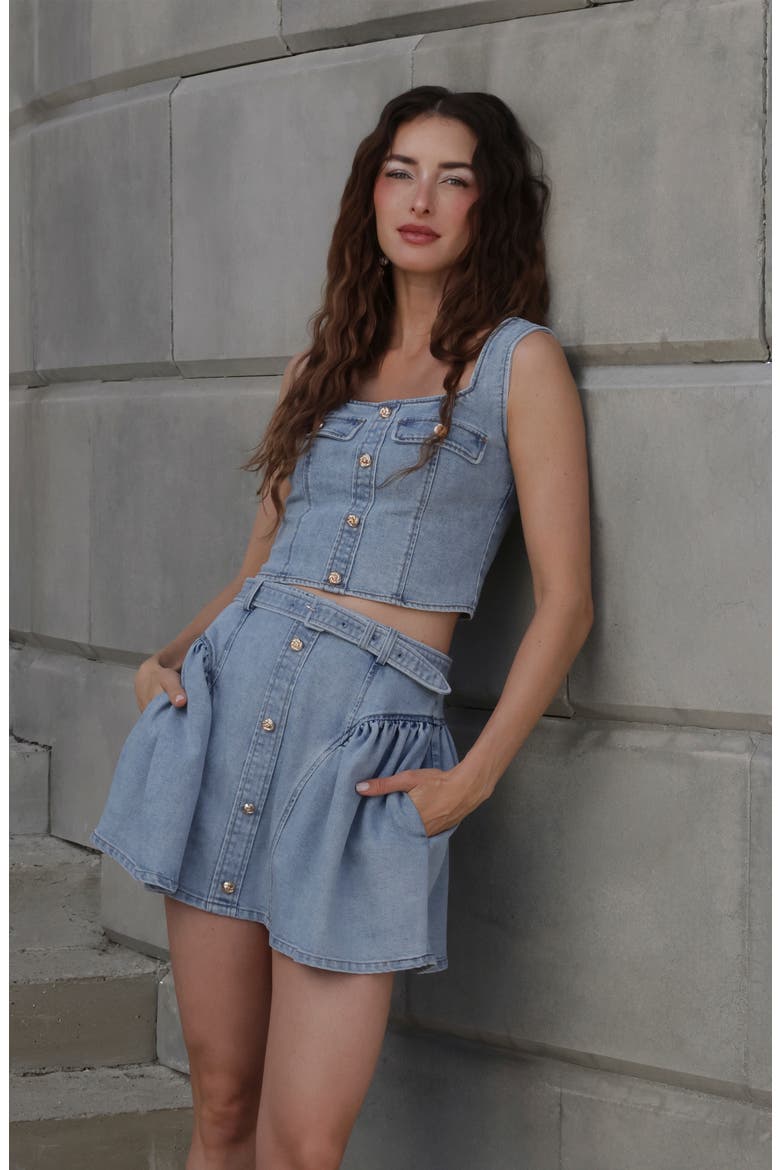 Belted Denim Miniskirt, Alternate, color, SATIN WASH