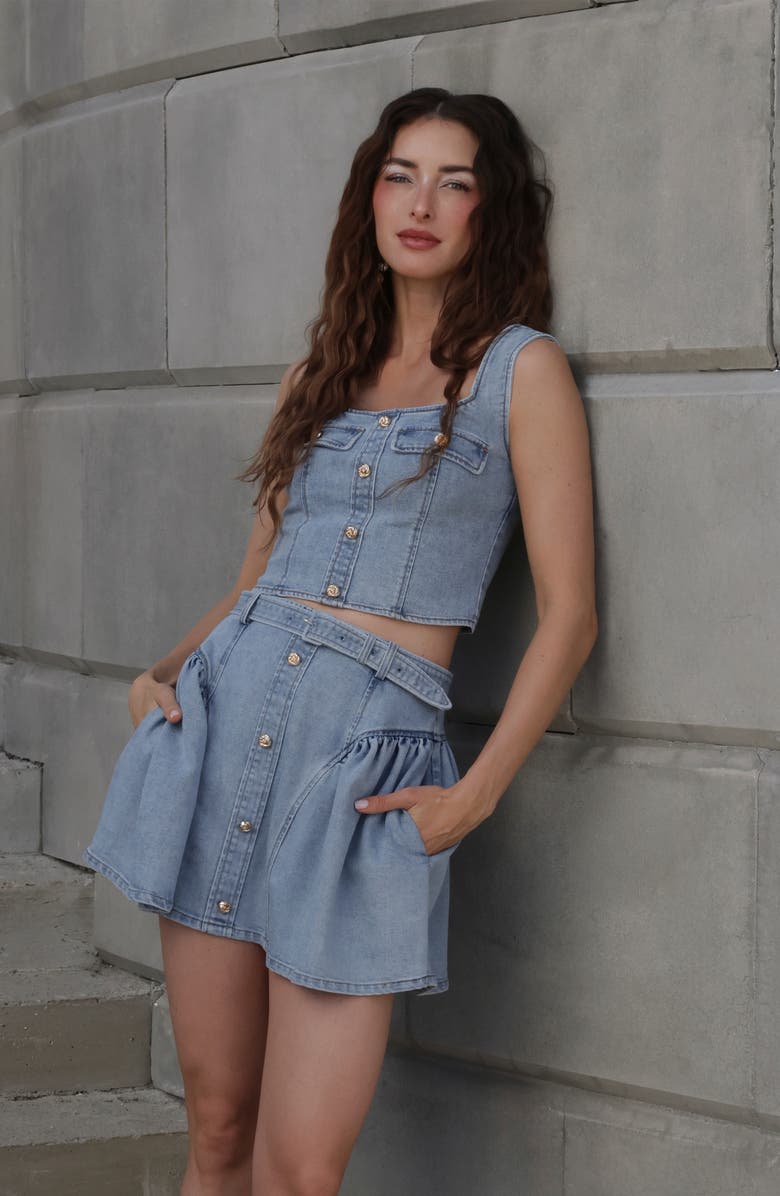 Avec Les Filles Belted Denim Miniskirt, Alternate, color, Satin Wash