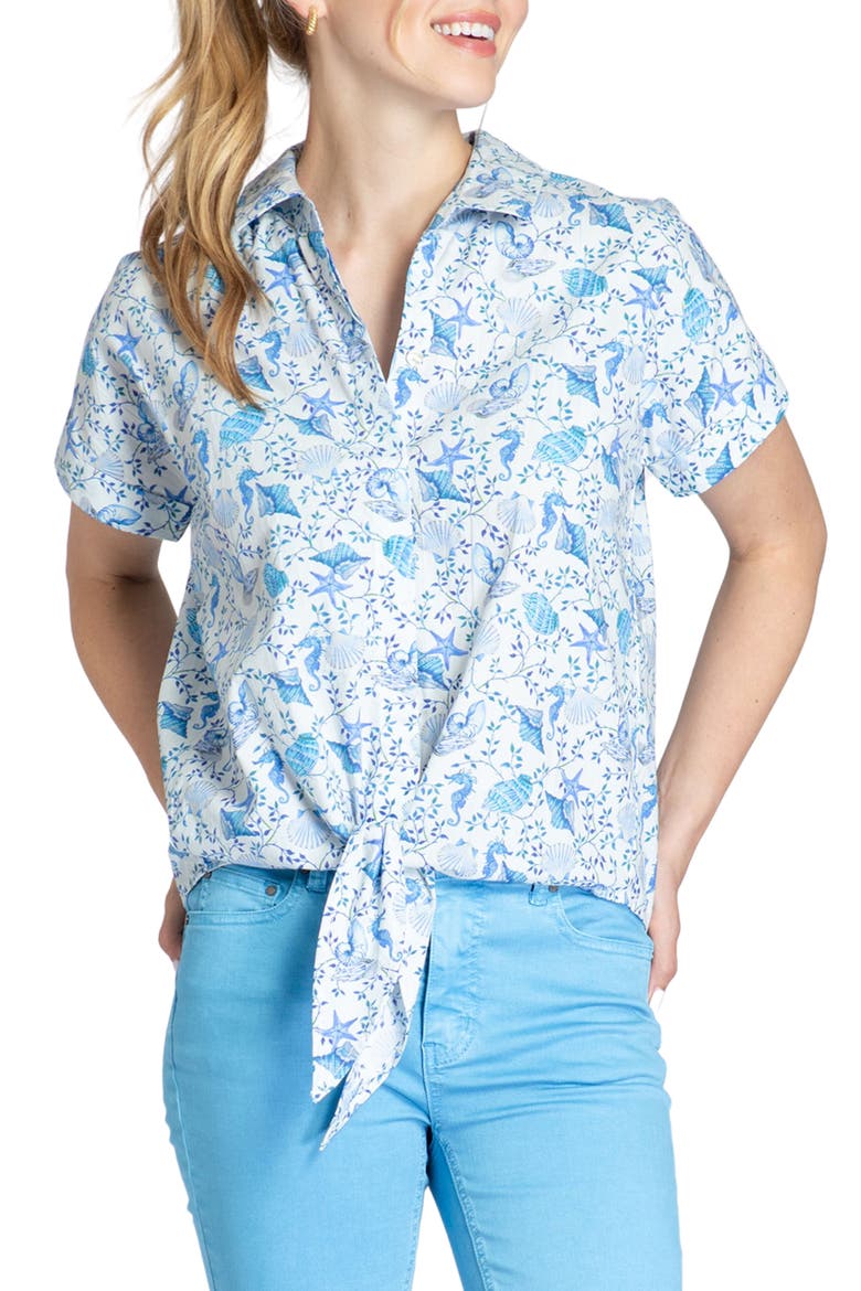 Floral Tie Front Cotton Camp Shirt, Main, color, LIGHT BLUE