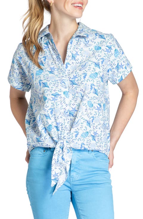 Floral Tie Front Cotton Camp Shirt