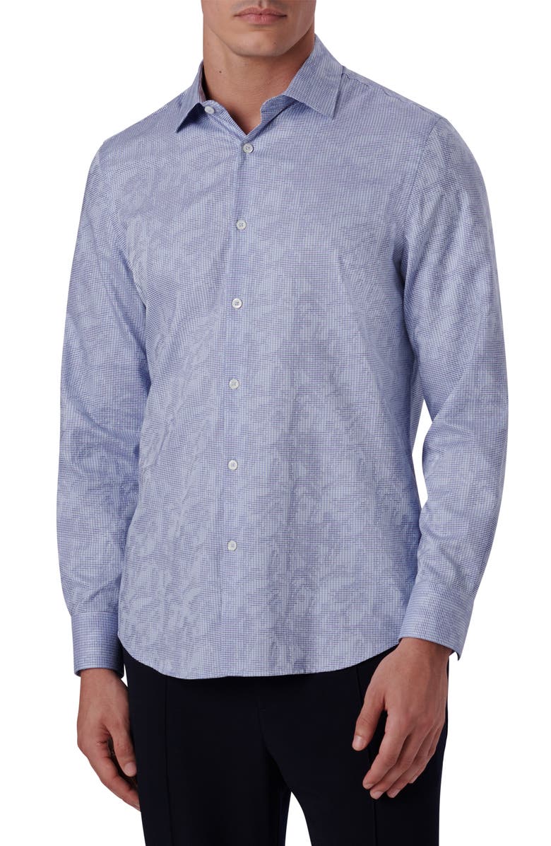 Bugatchi Shaped Fit Print Stretch Cotton Button-Up Shirt, Main, color, Air Blue