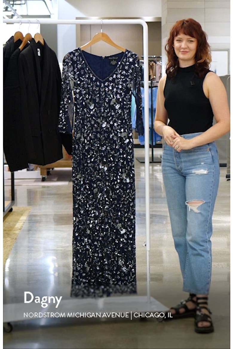 Beaded V-Neck Sheer Sleeve Cocktail Dress video
