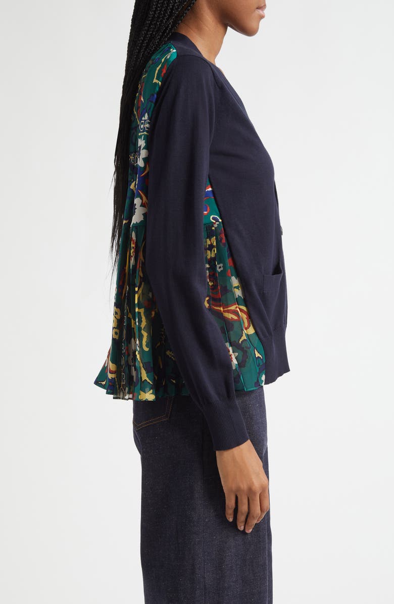Sacai Floral Panel Mixed Media Cardigan, Alternate, color, Navy/ Green