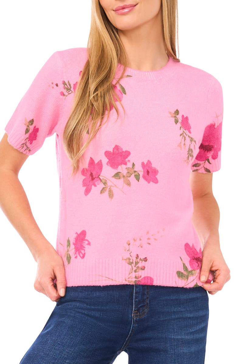 CeCe Floral Short Sleeve Sweater, Main, color, Gin Fizz