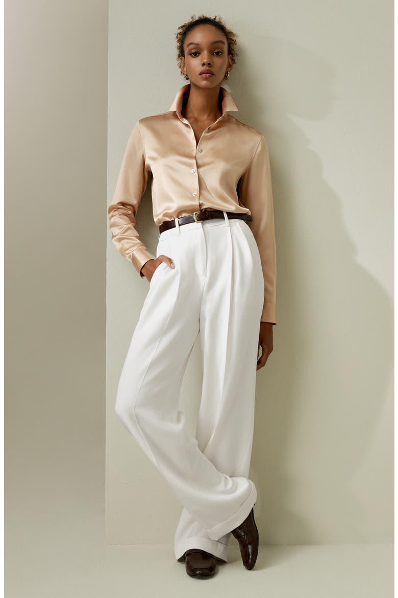 Women's Spread Collar Silk Shirt, Alternate, color, Light Camel