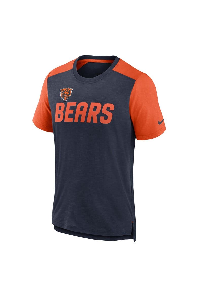 Men's Nike Heathered Navy/Heathered Orange Chicago Bears Color Block Team Name T-Shirt, Alternate, color, Heather Navy