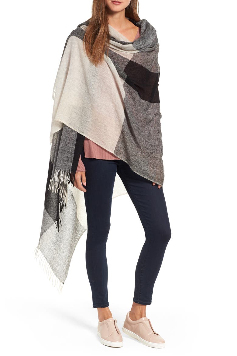 Plaid Cashmere Wrap, Main, color, BLACK COMBO