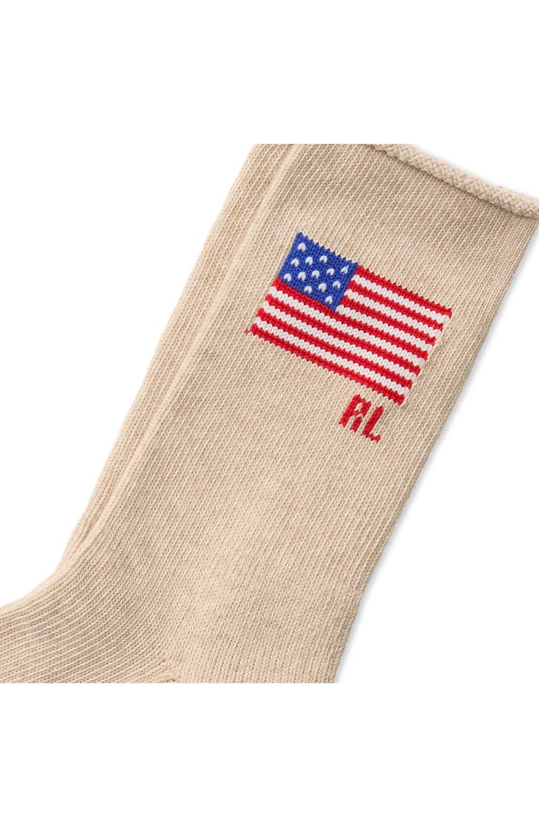 Polo Ralph Lauren Flag Embroidered Roll Top Crew Socks, Alternate, color, Beige Heather