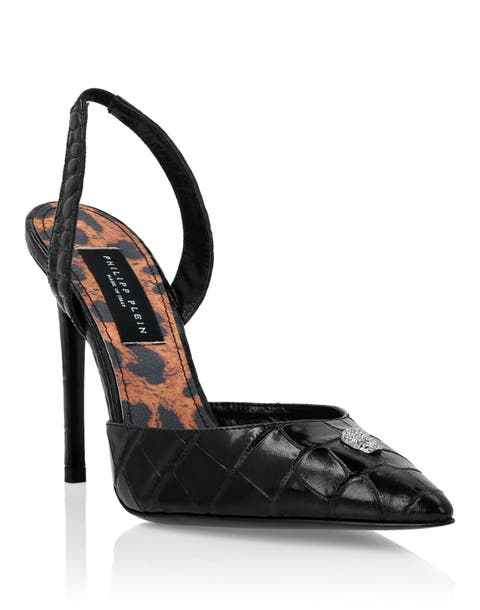 Croco Printed Leather Slingback Shoes Women