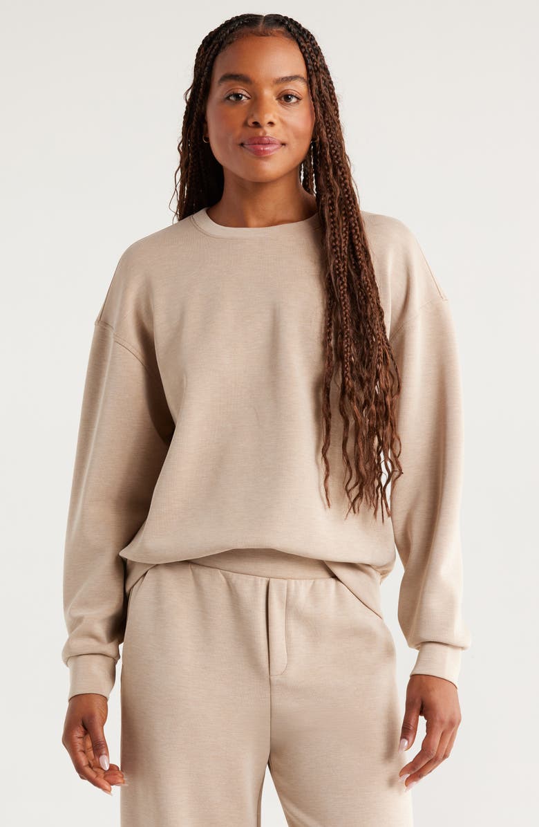 Zella Soft Luxe Boxy Crew Sweatshirt, Main, color, Tan Kelp Heather
