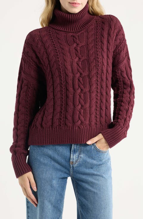 Combed Cable Knit Long Sleeve Turtleneck Sweater