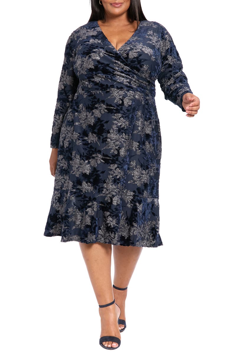 London Times Burnout Floral Velvet Long Sleeve Dress, Main, color, Navy Black/ Silver