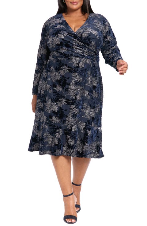 Burnout Floral Velvet Long Sleeve Dress (Plus)