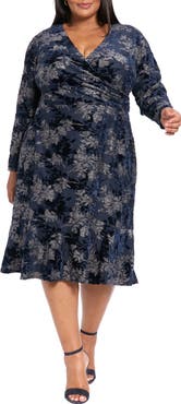 London Times Burnout Floral Velvet Long Sleeve Dress