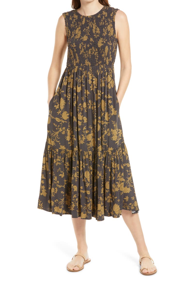 Smocked Sleeveless Midi Dress, Main, color, BROWN LATTE VINTAGE FLORAL