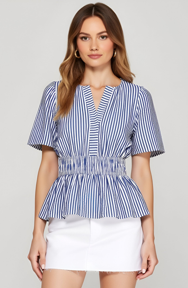 Modenaire Striped Peplum Top with V-Neckline, Smocked Waist and Short Sleeves, Main, color,