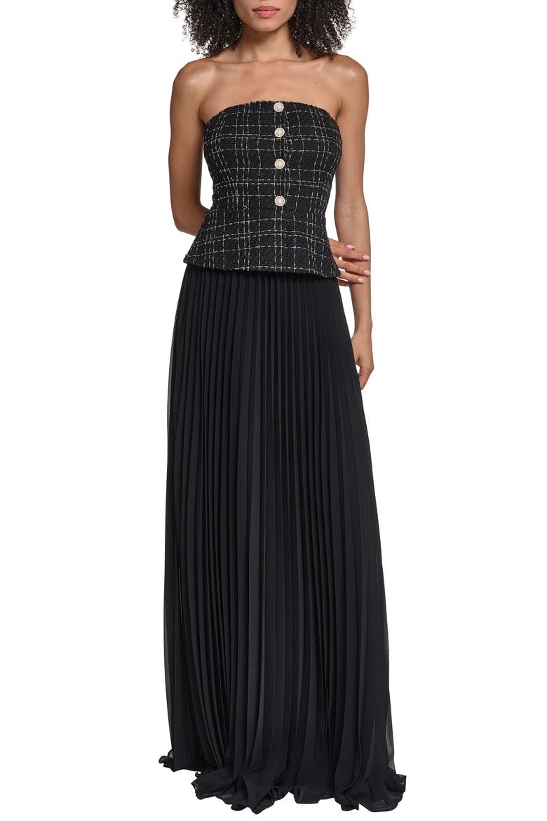 Tweed Pleated Strapless Gown, Main, color, BLACK GOLD