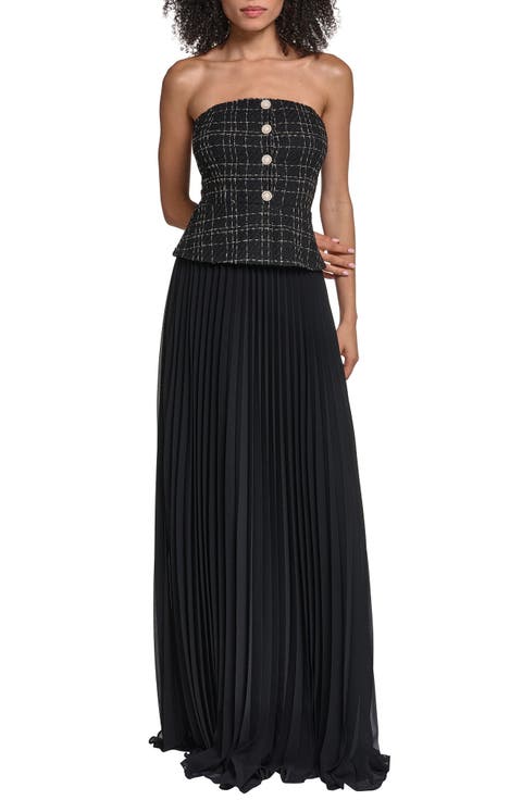 Tweed Pleated Strapless Gown
