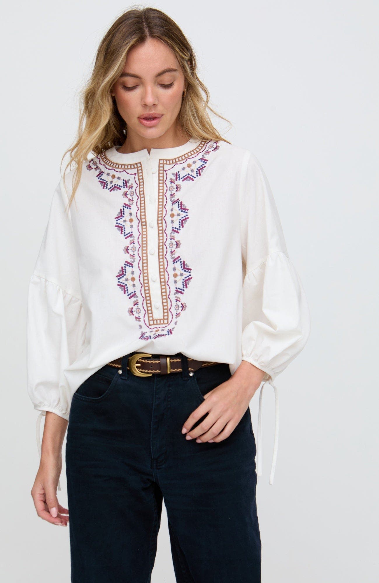 Raffya Anai Half Placket Embroidered Blouse In Neutral