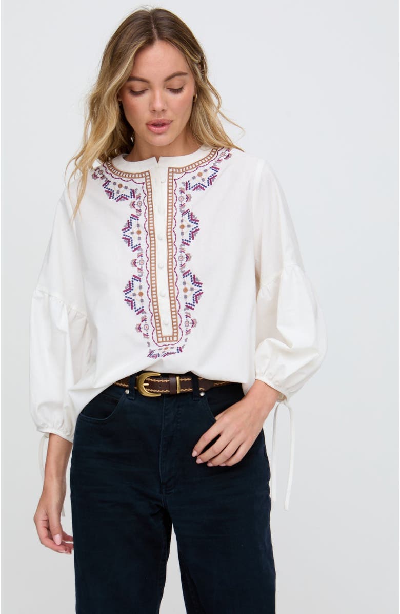 Raffya Anai Half Placket Embroidered Blouse, Main, color, Cream