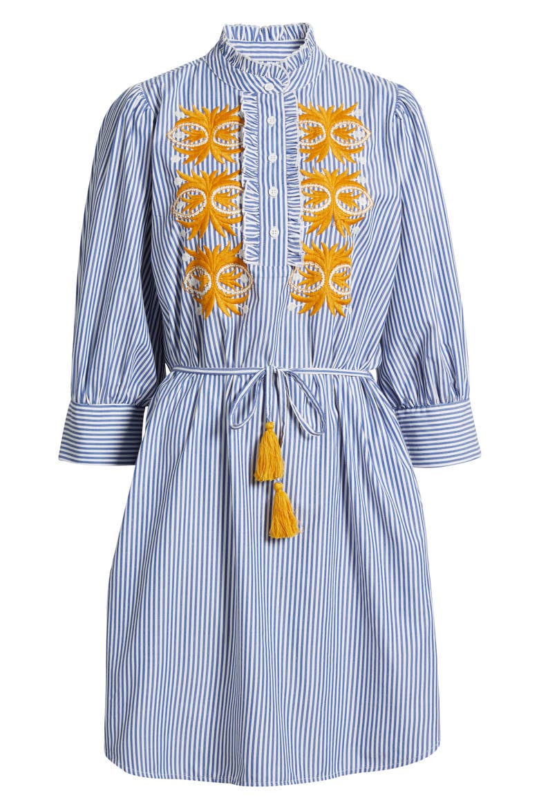 Embroidered Tie Waist Long Sleeve Dress, Alternate, color, NAVY IVORY