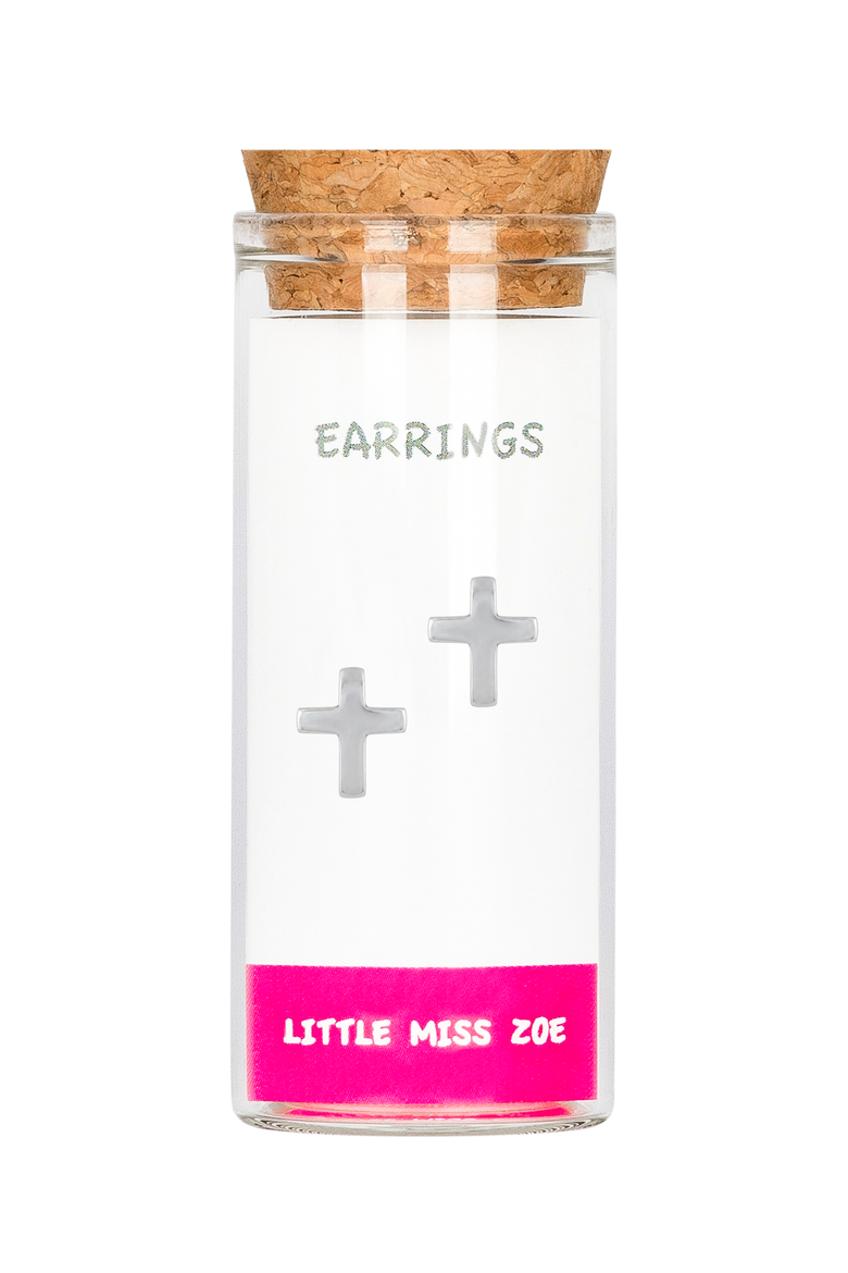 Kids' Sterling Silver Cross Stud Earrings in Gift Bottle, Main, color, Silver