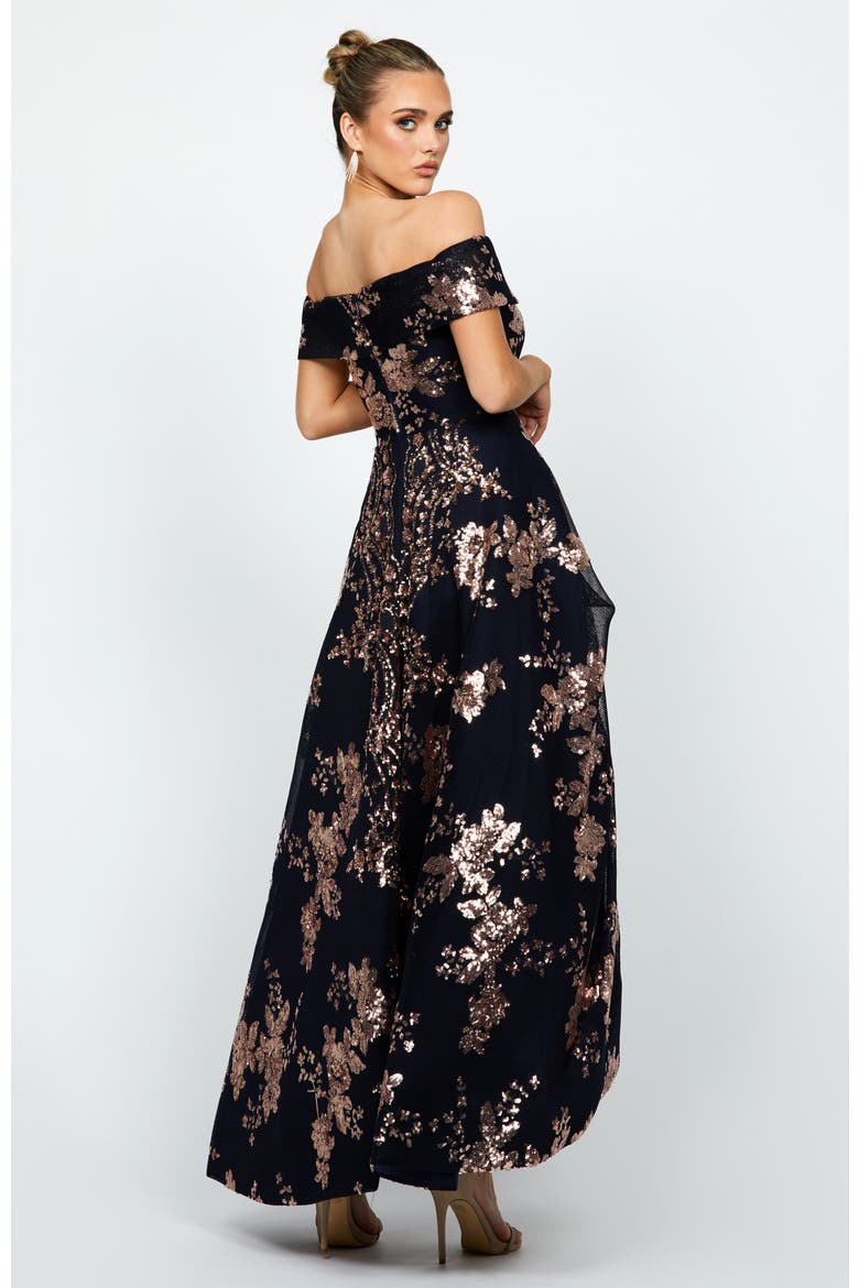 Jessie Off Shoulder Mesh Ball Gown, Alternate, color, ROSE GOLD/NAVY