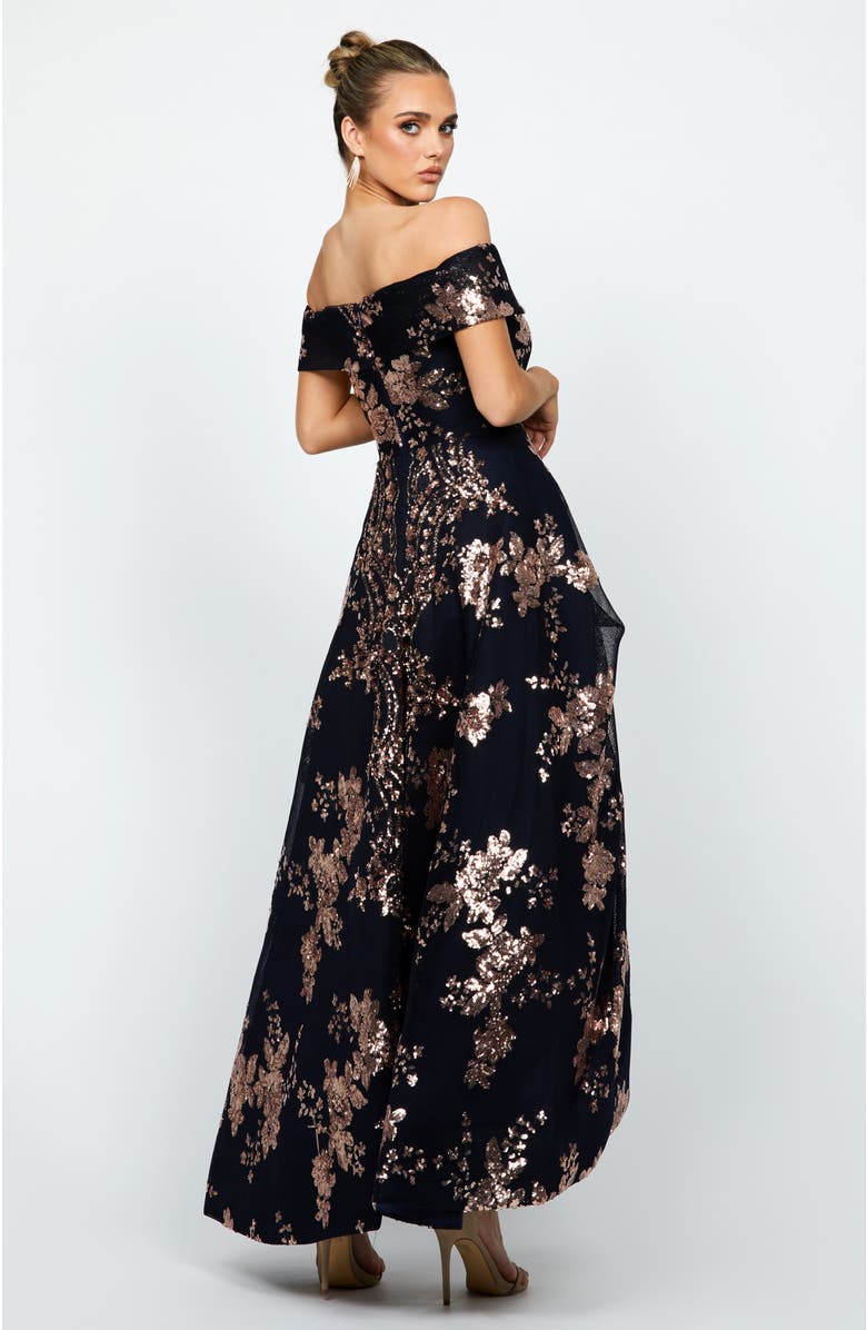 Bariano Jessie Off Shoulder Mesh Ball Gown, Alternate, color, Rose Gold/Navy