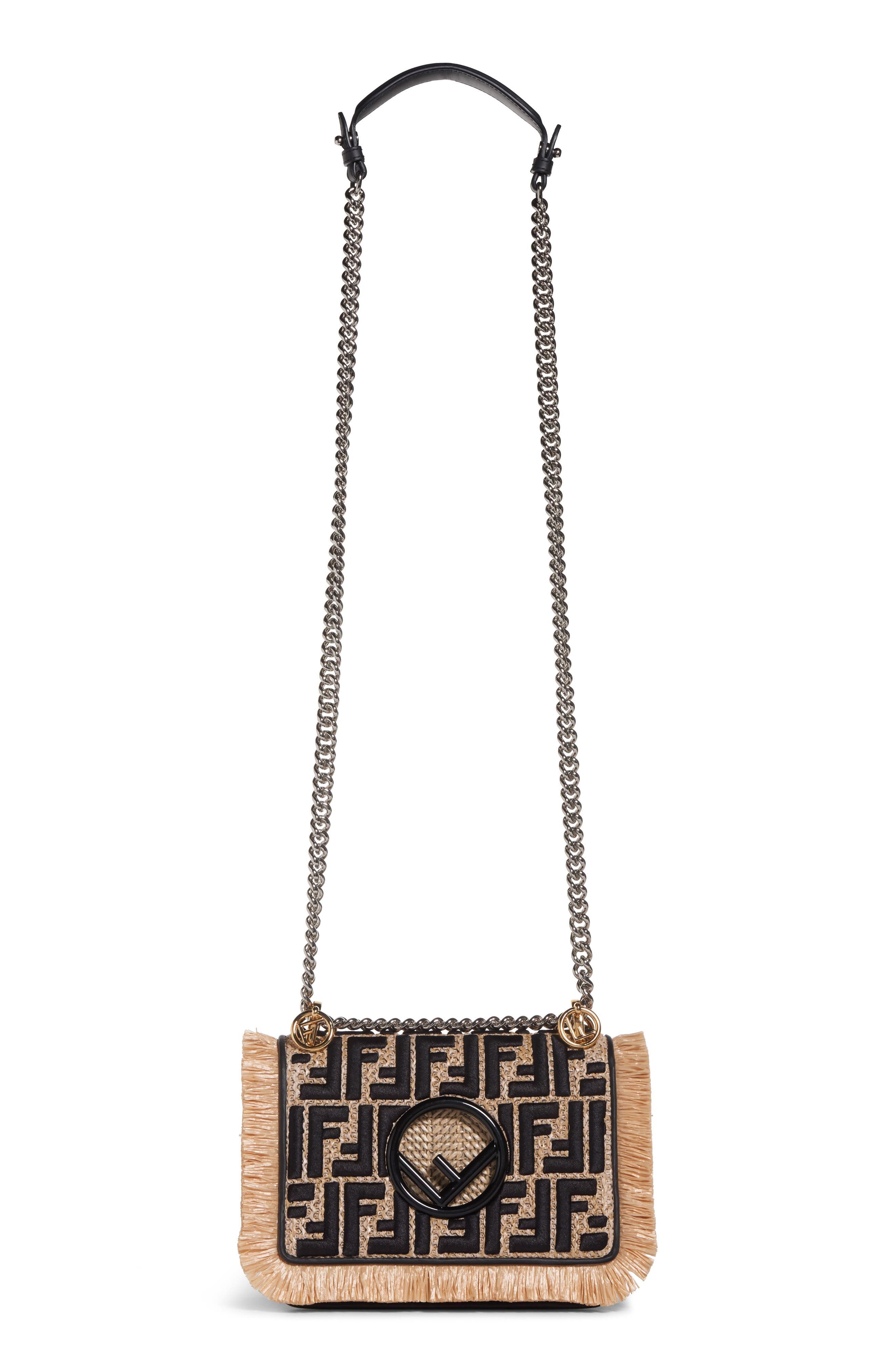 Fendi Kan I Raffia & Leather Small Shoulder Bag, Main, color, 