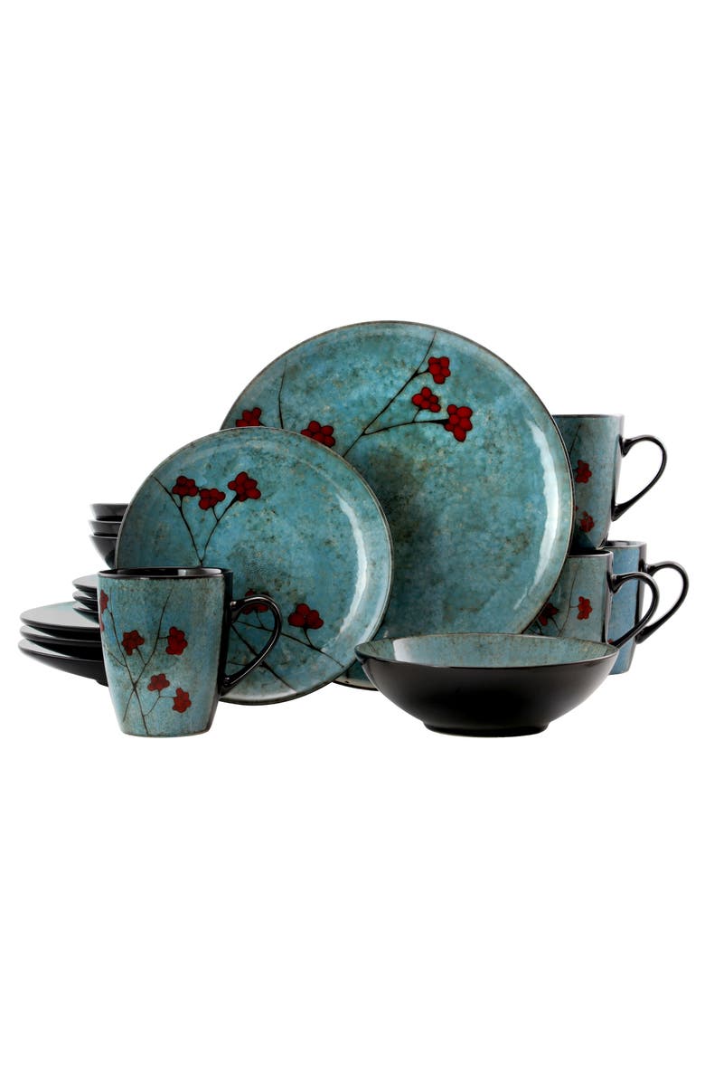 Elama Floral Accents 16 Piece Dinnerware Set, Main, color, Blue