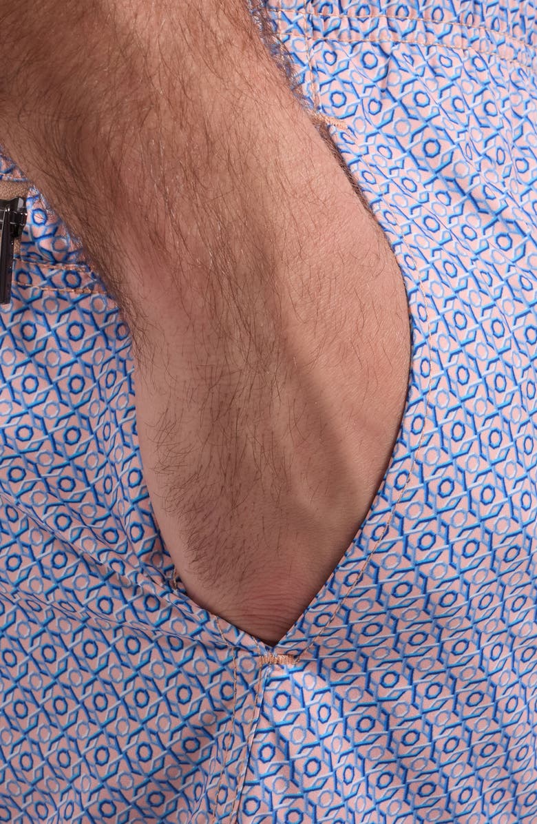 Bugatchi Kai Geo Print Swim Trunks, Alternate, color, Peach