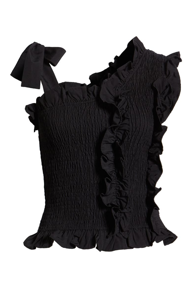 Shirred Asymmetrical Tie Shoulder Top, Alternate, color, BLACK