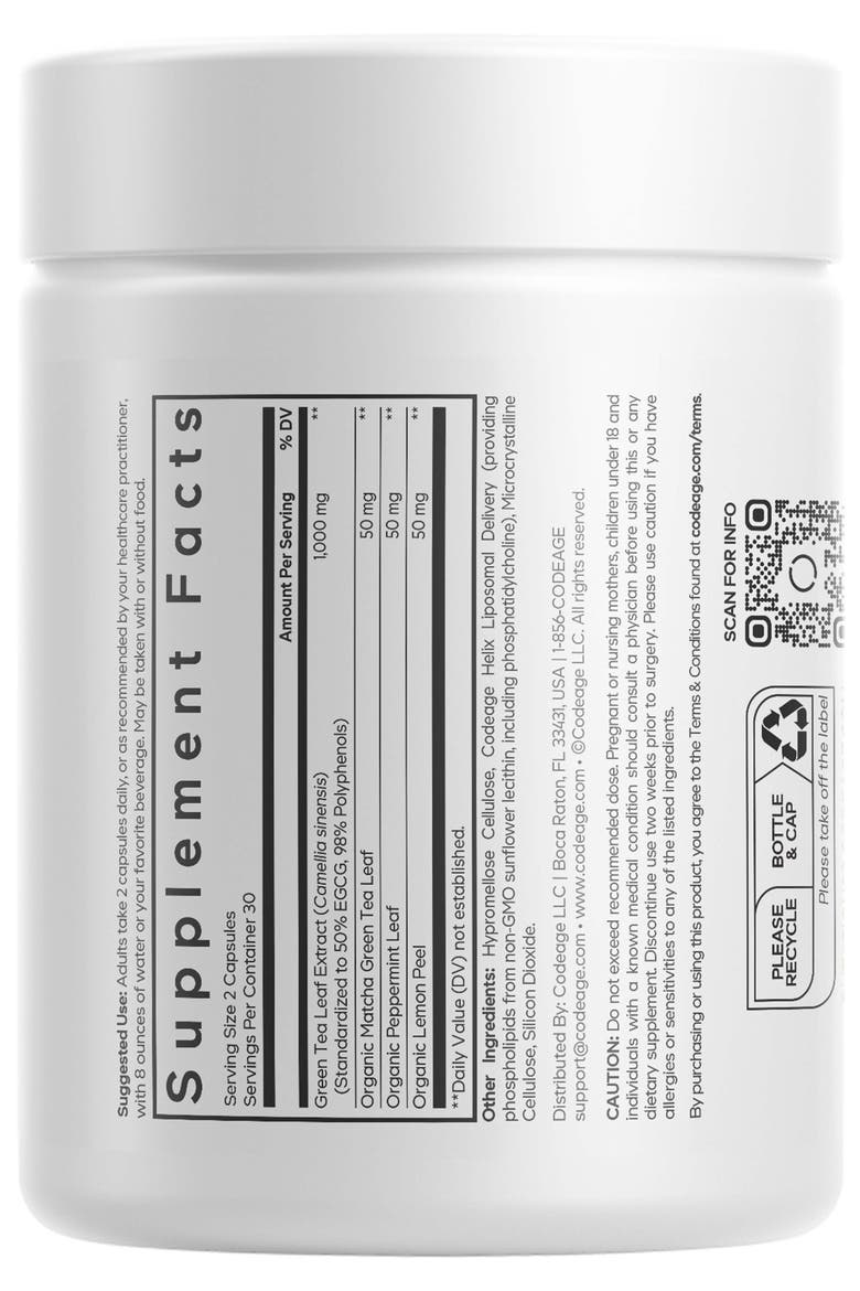 Liposomal Green Tea+ EGCG 50% Green Tea Extract, Organic Matcha Green Tea Powder, Peppermint Leaf, Lemon Peel, Liposomal Delivery - Vegan Green Tea Pils Supplement - Non-GMO, Alternate, color, WHITE