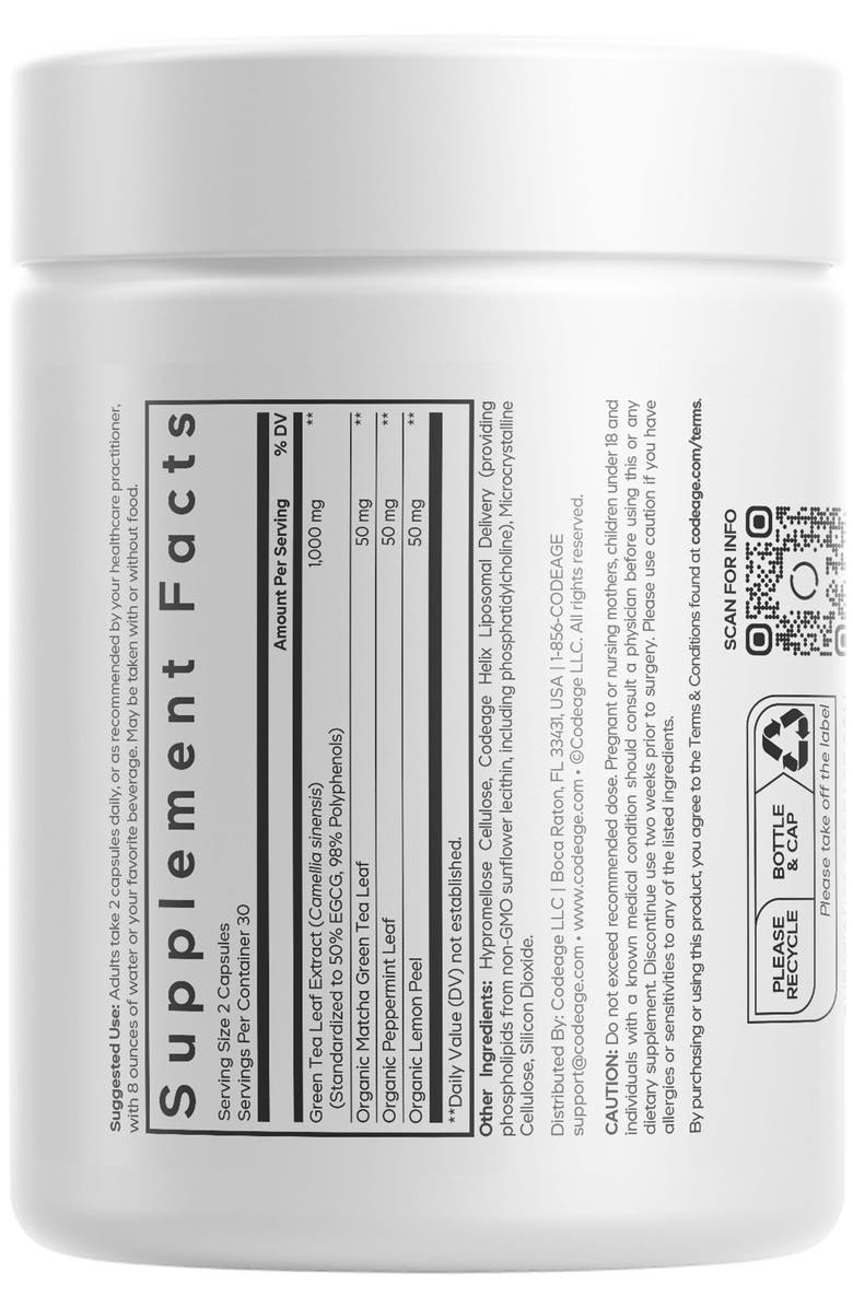 Codeage Liposomal Green Tea+ EGCG 50% Green Tea Extract, Organic Matcha Green Tea Powder, Peppermint Leaf, Lemon Peel, Liposomal Delivery - Vegan Green Tea Pils Supplement - Non-GMO, Alternate, color, White
