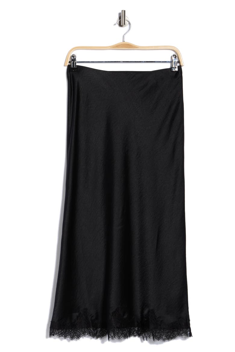 Lace Trim Satin Midi Skirt, Alternate, color, BLACK