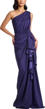Tadashi Shoji One-Shoulder Side Ruffle Gown