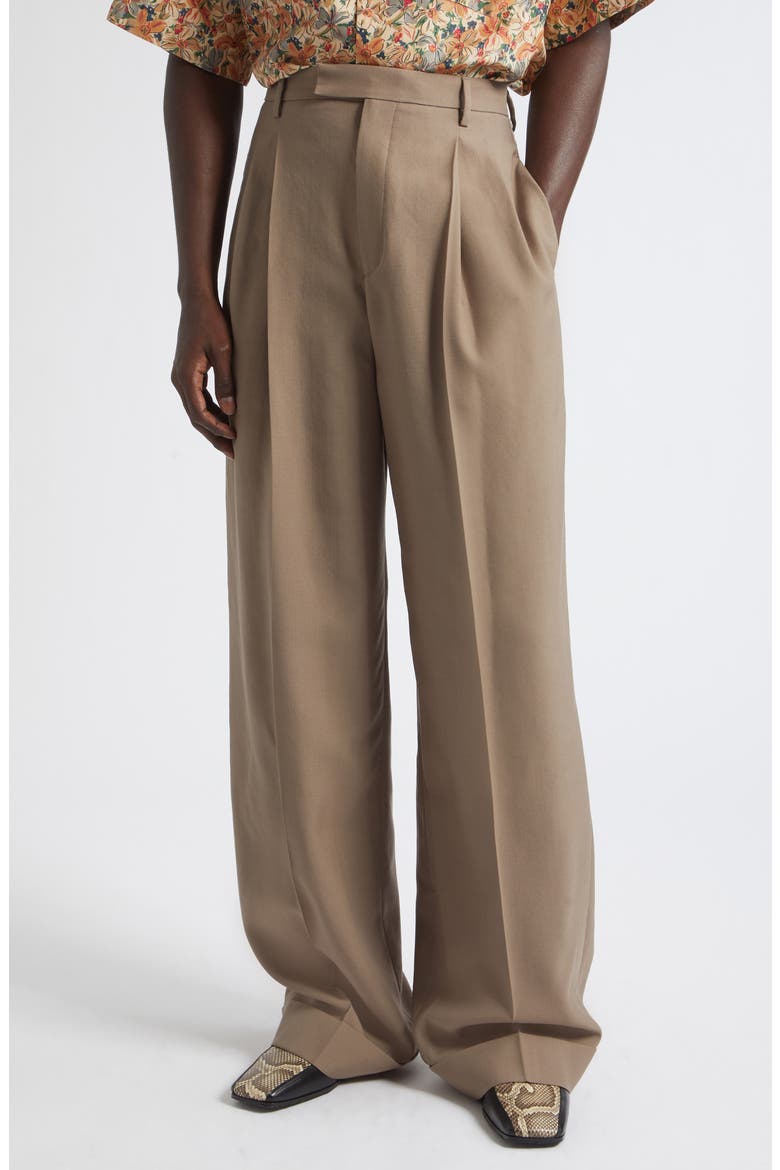 Pleated Virgin Wool Trousers, Main, color, LIGHT BROWN