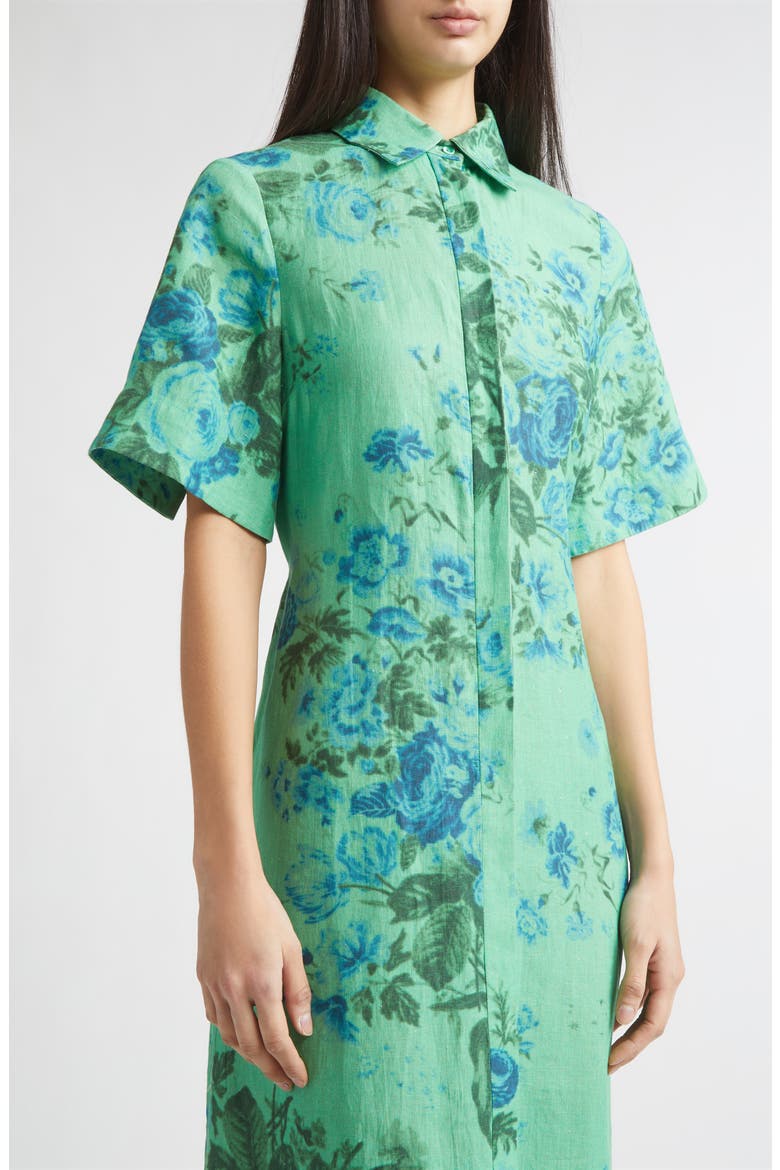 Floal Print Tie Waist Linen Shirtdress, Alternate, color, ROSE BOUQUET SEA GREEN