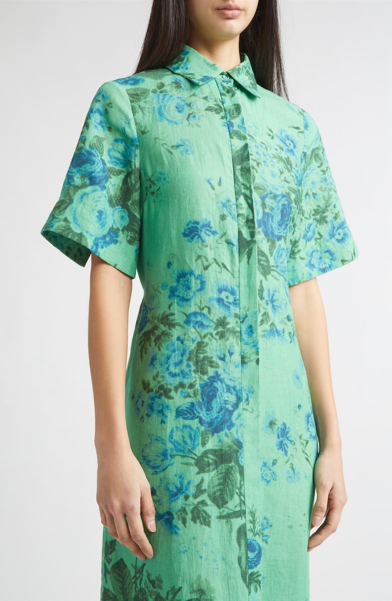 Erdem Floal Print Tie Waist Linen Shirtdress, Alternate, color, Rose Bouquet Sea Green