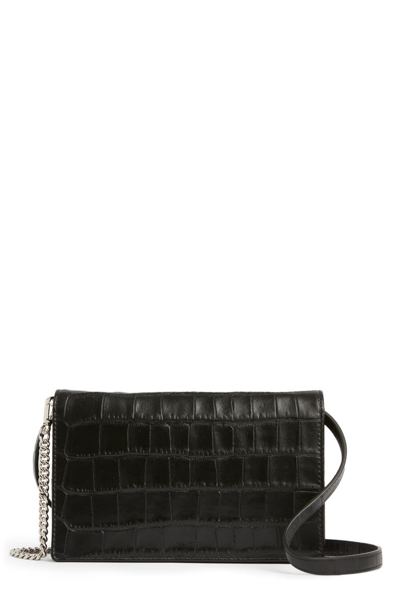 AllSaints Fetch Croc Embossed Leather Chain Crossbody Wallet, Main, color, Black Croc