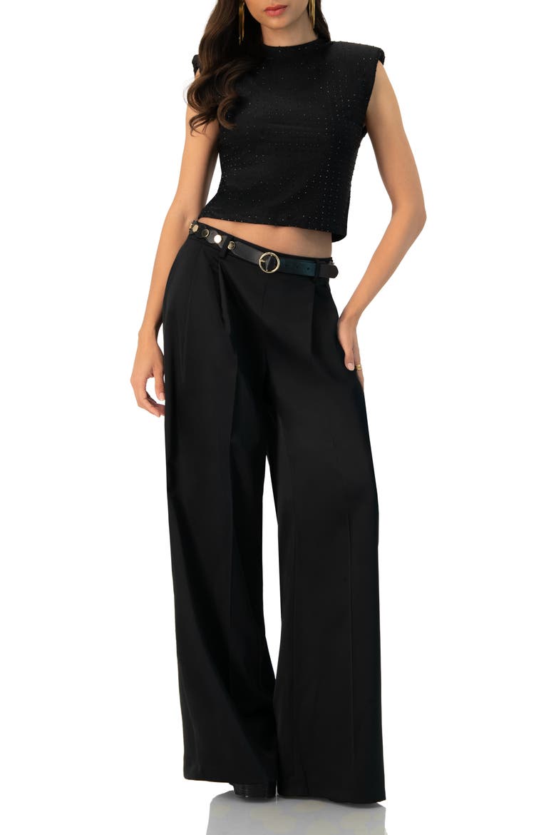 Padded-Shoulder Cropped Rhinestone Top, Alternate, color, Black