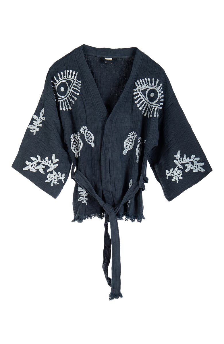 Forever & Always Shoes Sereia Evil Eye Handmade Cotton Short Robe Cover-Up, Main, color, Washed Black