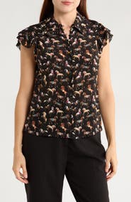 Alice + Olivia Martel Flutter Sleeve Silk Button-Up Top