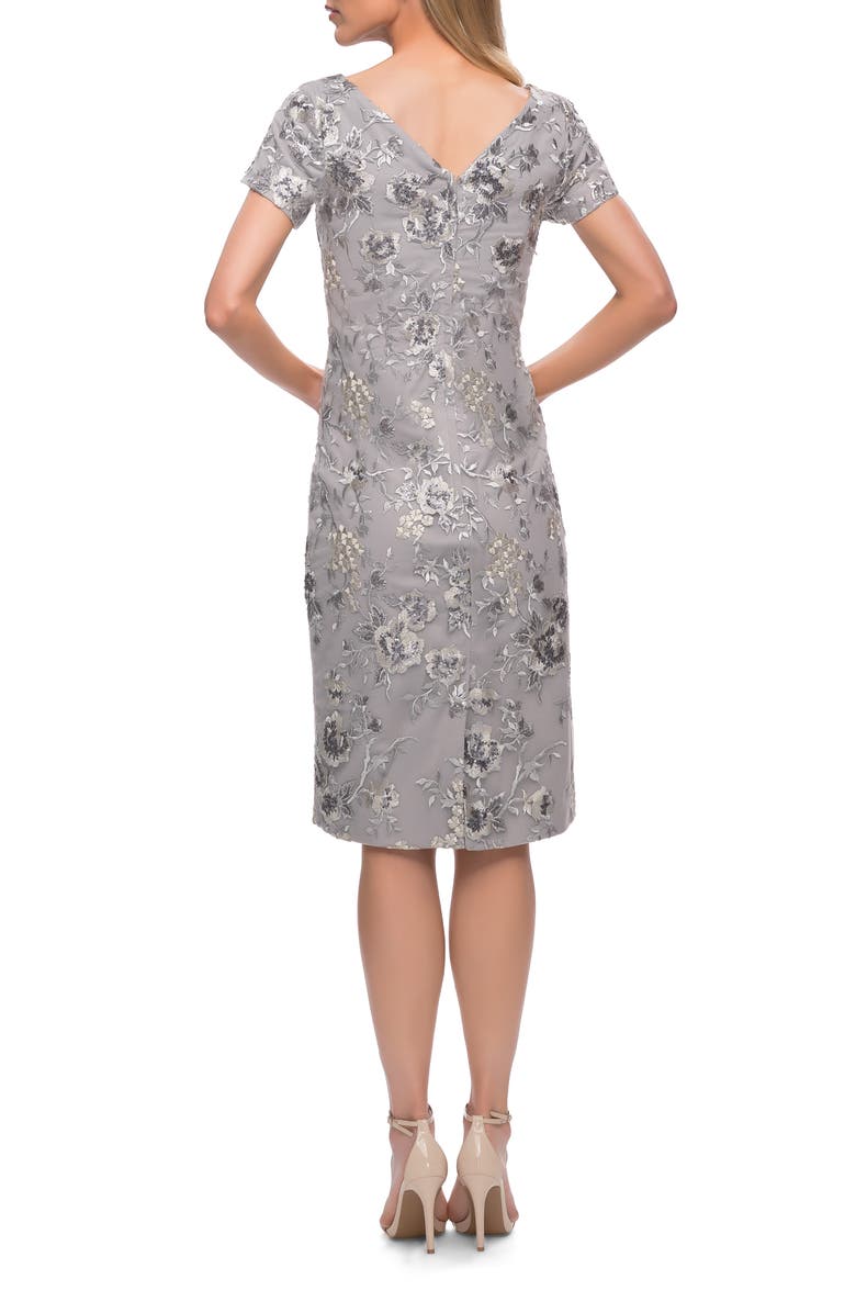 La Femme Short Sleeve Below the Knee Dress with High Neckline, Alternate, color, Silver