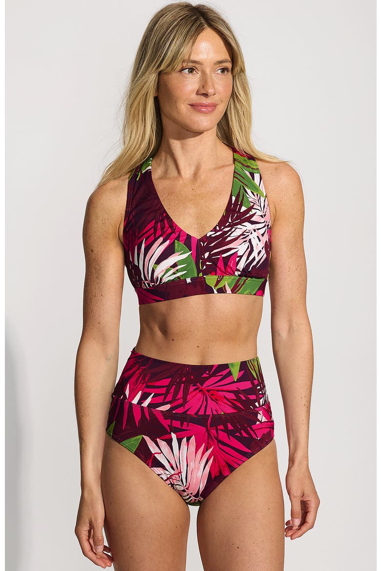 Chlorine Resistant V-neck Midkini Swimsuit Top and High Leg High Waisted Bottoms 2 Piece Set, Main, color, Dark Wine Multi Tropical Palm