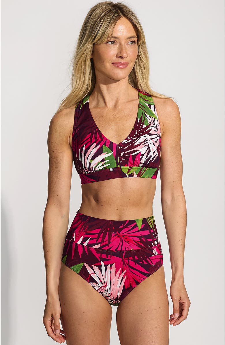 Lands' End Chlorine Resistant V-neck Midkini Swimsuit Top and High Leg High Waisted Bottoms 2 Piece Set, Main, color, Dark Wine Multi Tropical Palm