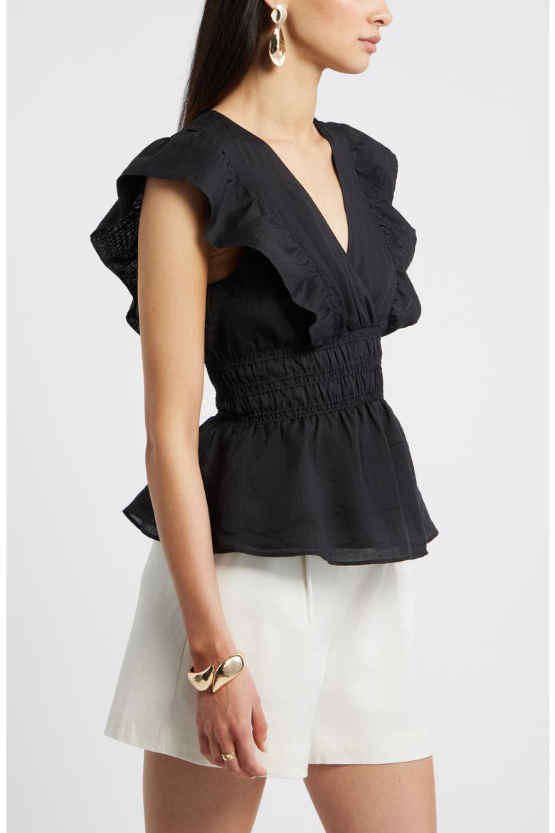 Smocked Waist Flutter Sleeve Peplum Top, Alternate, color, BLACK