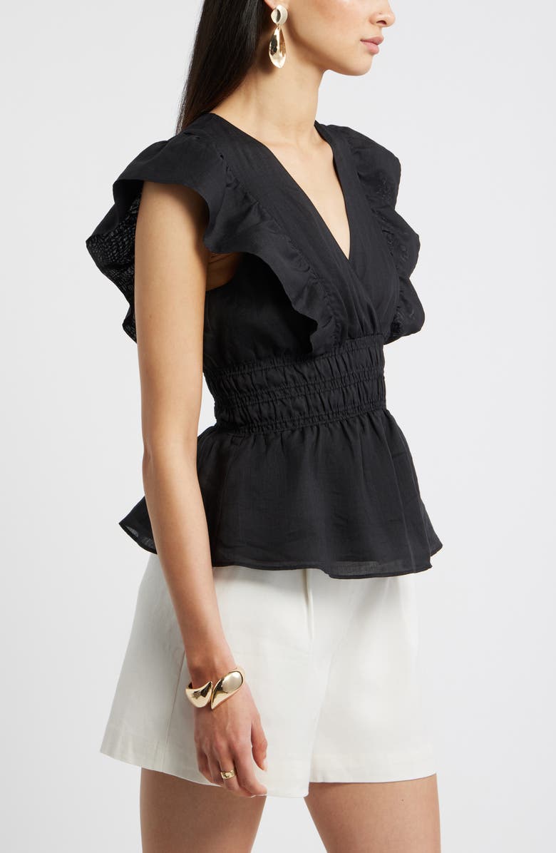 Nordstrom Smocked Waist Flutter Sleeve Peplum Top, Alternate, color, Black